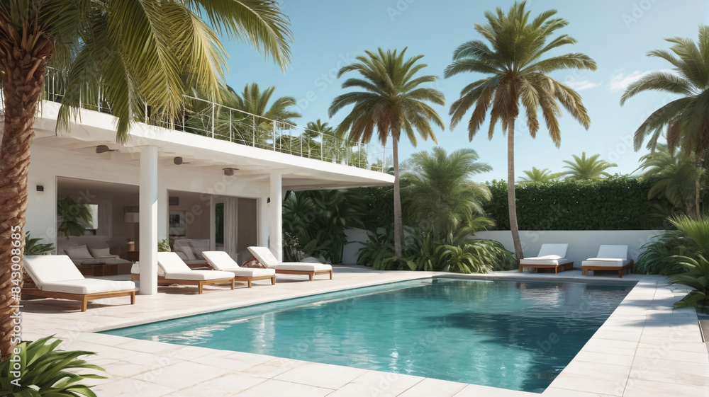Summer Haven Banner: Discover Your Haven of Relaxation with a Stunning Pool Scene Highlighting a Palm Tree and White Structure, Generative AI Summer Haven Banner: Discover Your Haven of Relaxation with a Stunning Pool Scene Highlighting a Palm Tree and White Structure, Generative AI