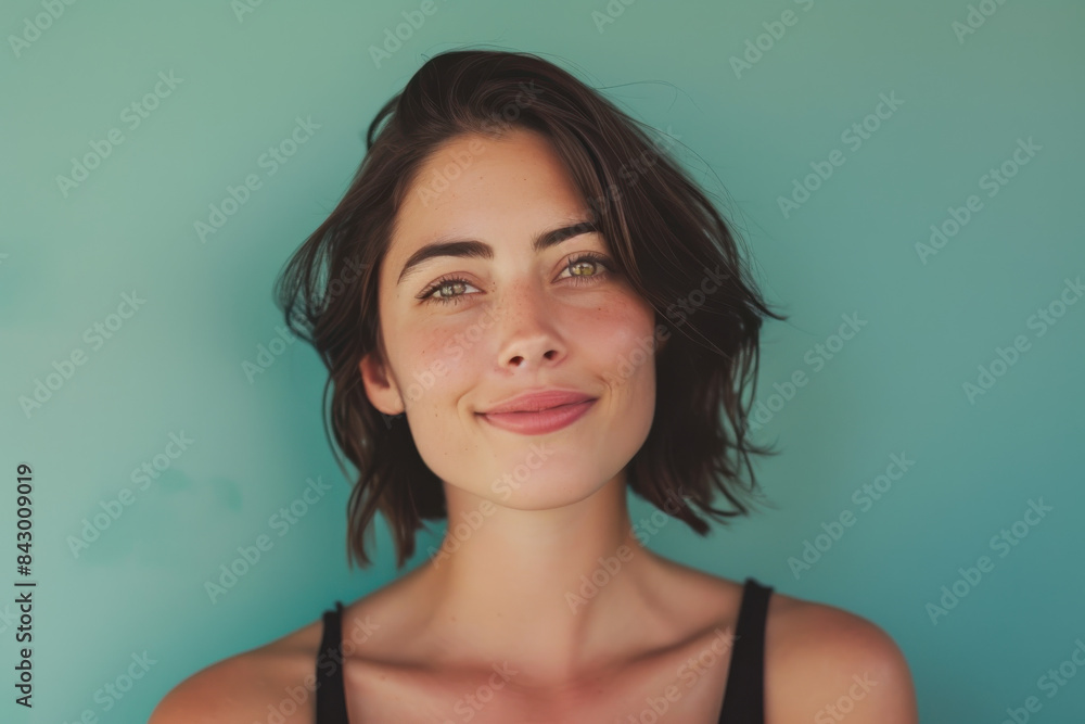 A close up portrait of a young woman with a subtle smile A close up portrait of a young woman with a subtle smile