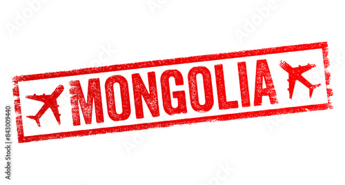 Mongolia is a landlocked country in East Asia, bordered by Russia to the north and China to the south, text emblem stamp with airplane photo