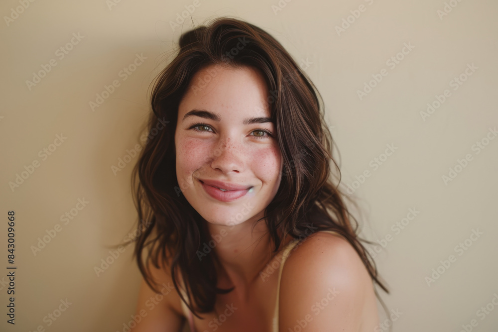 A close up portrait of a young woman with a subtle smile A close up portrait of a young woman with a subtle smile
