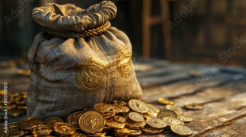 A bag of gold coins sits on a wooden table