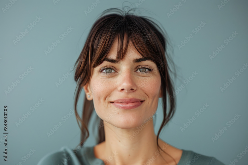 A close up portrait of a young woman with a subtle smile A close up portrait of a young woman with a subtle smile