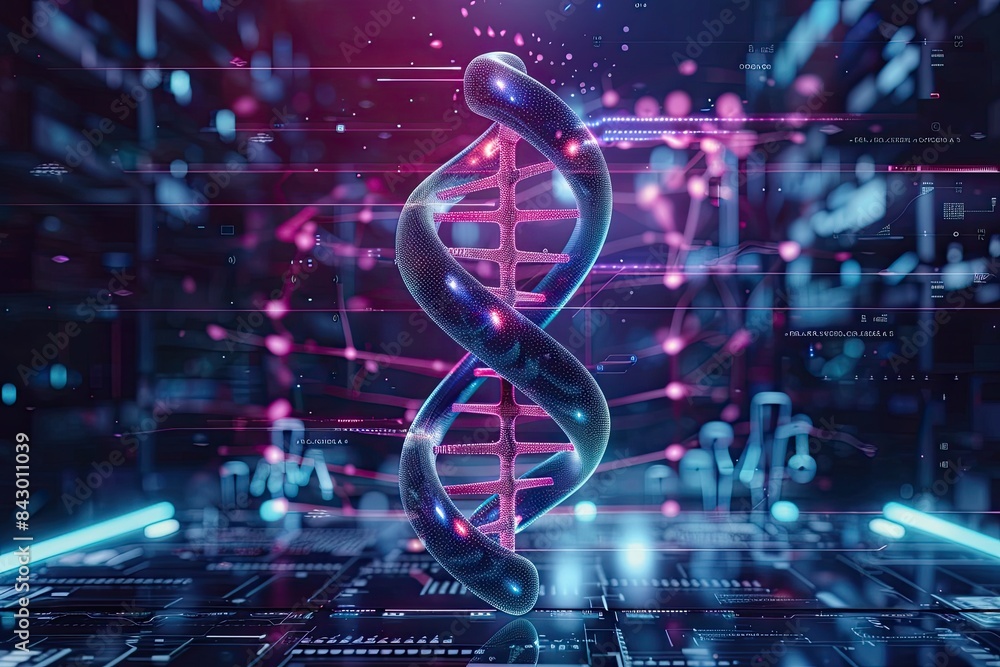 Futuristic digital representation of a DNA strand in a high-tech ...