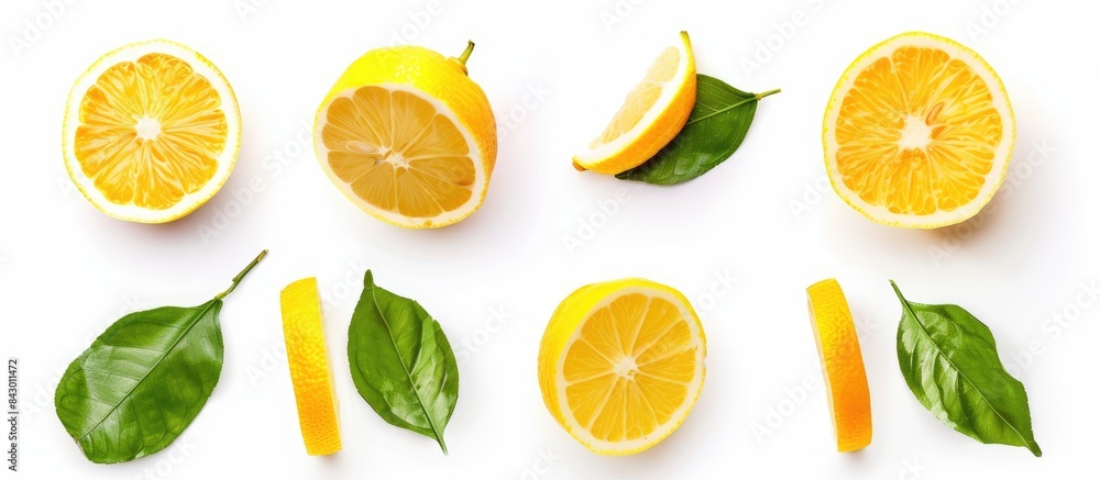 Lemon fruit with leaf isolated, lemon slice, leaves on white background. Fresh lemon slices with leaves, captured in a realistic photograph. Lemon fruit with leaf isolated, lemon slice, leaves on white background. Fresh lemon slices with leaves, captured in a realistic photograph.