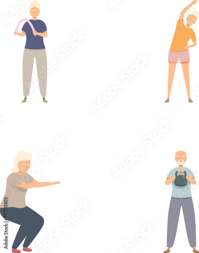 Collection of illustrations showing active seniors engaging in various exercises
