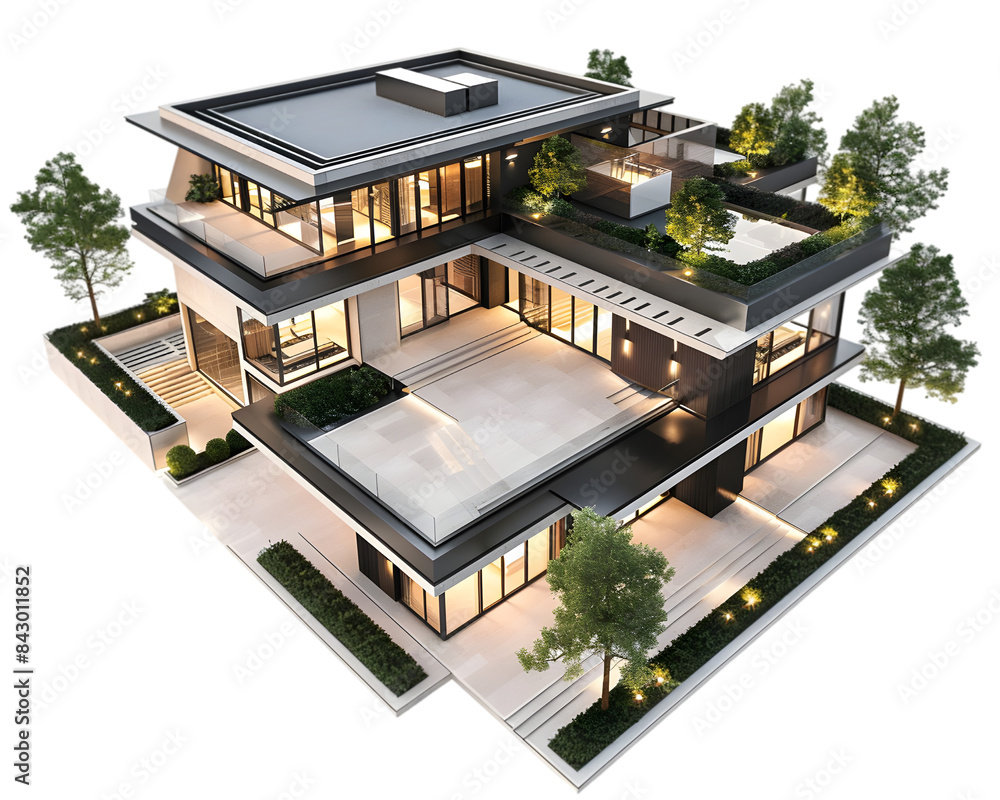 Luxurious modern mansion with lights on transparent background Luxurious modern mansion with lights on transparent background