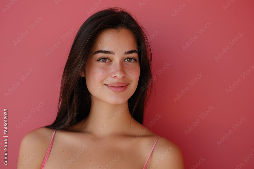 A close up portrait of a young woman with a subtle smile A close up portrait of a young woman with a subtle smile