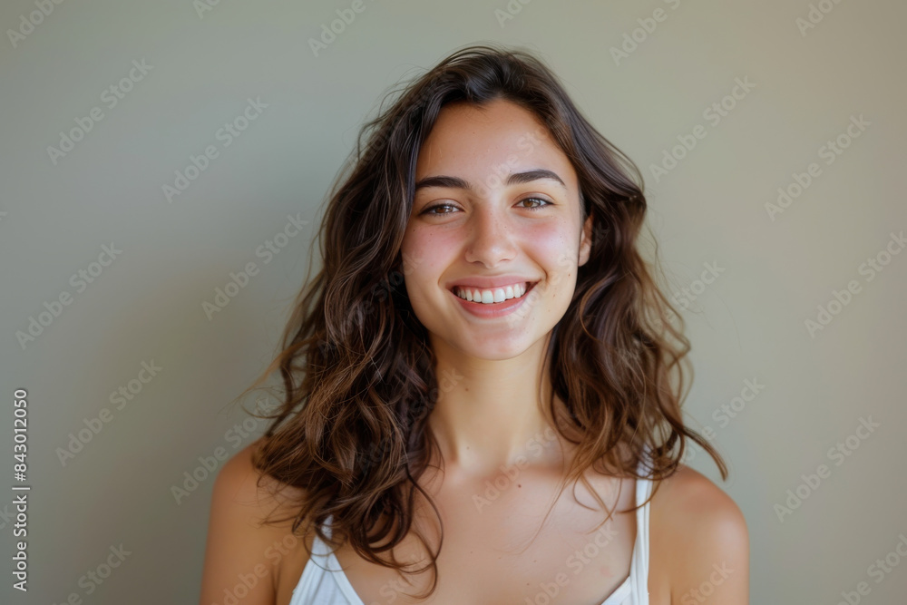 A close up portrait of a young woman with a subtle smile A close up portrait of a young woman with a subtle smile