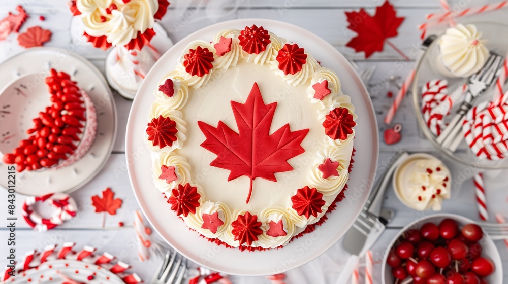 A decorated cake with a maple leaf design A decorated cake with a maple leaf design