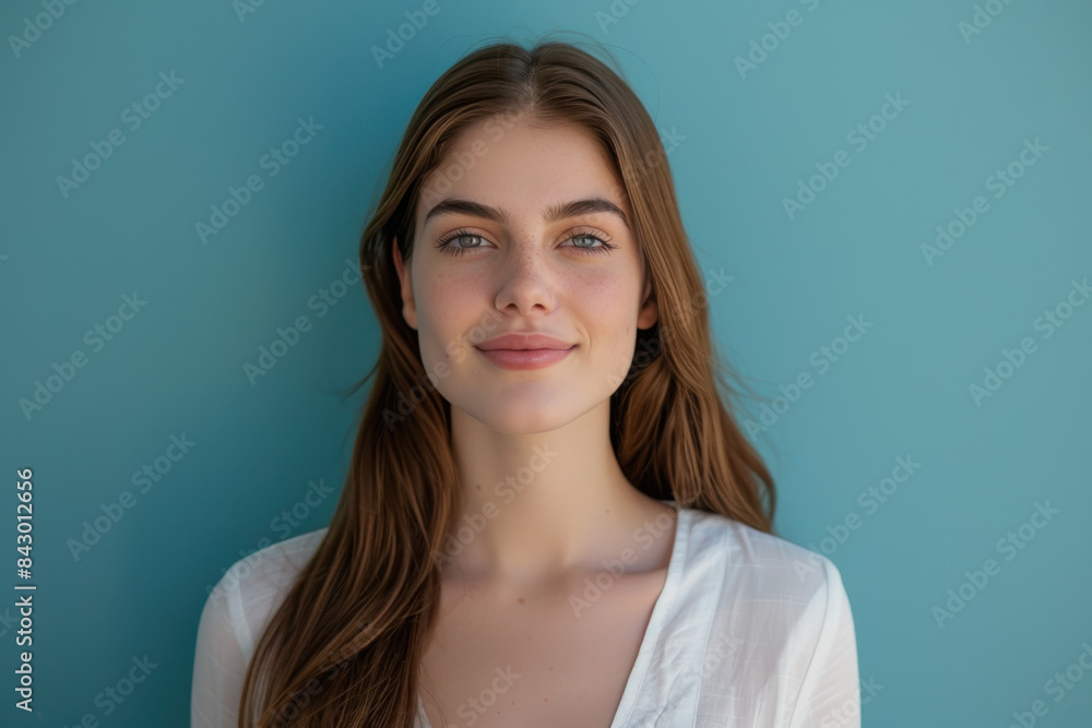 A close up portrait of a young woman with a subtle smile A close up portrait of a young woman with a subtle smile