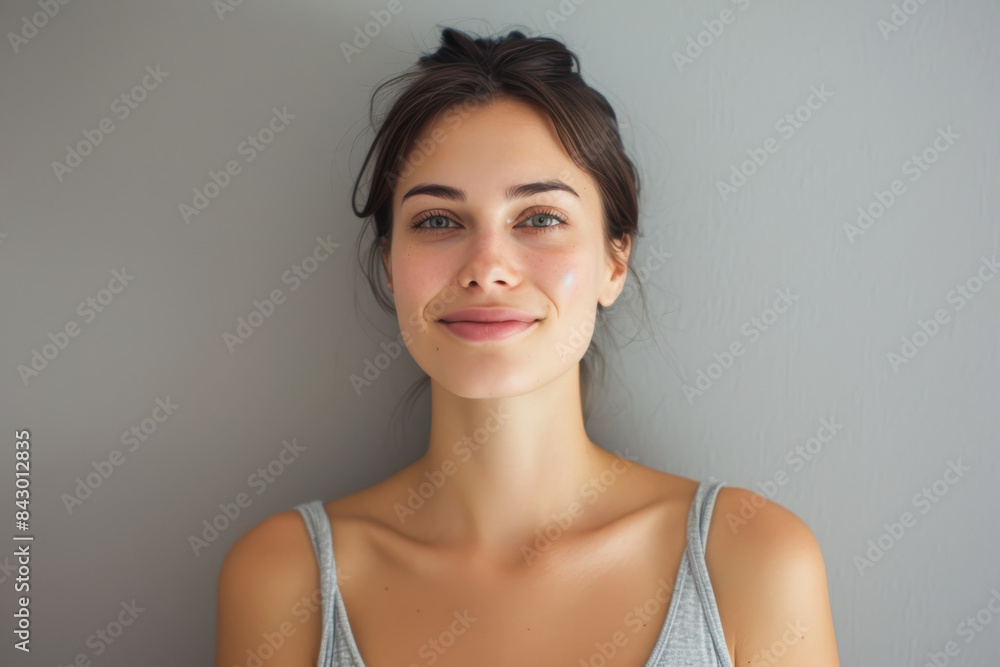 A close up portrait of a young woman with a subtle smile A close up portrait of a young woman with a subtle smile