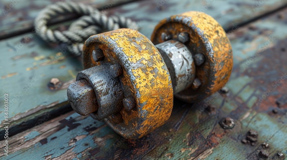 A rusty old weight set with a chain hanging from it A rusty old weight set with a chain hanging from it