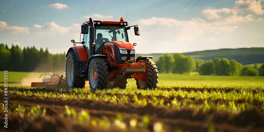 Closeup image of a modern tractor working in a farm field. Concept Agriculture, Farming, Modern Technology, Rural Life Closeup image of a modern tractor working in a farm field. Concept Agriculture, Farming, Modern Technology, Rural Life