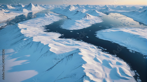 Frozen Majesty: Majestic Aerial Shot of Arctic Snowscape, Icy Wilderness, Generative AI