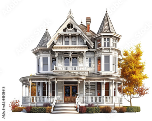 Historic Victorian mansion with autumn tree on transparent background © PNG River Gfx