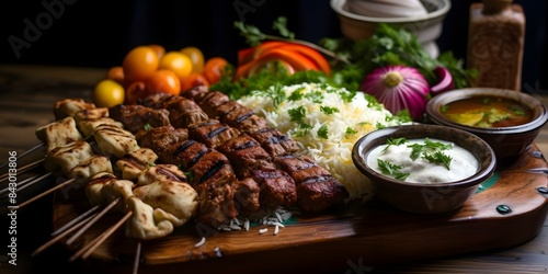 Menu featuring Arabic grilled dishes like kebab mansaf shawarma and more. Concept Arabic Grilled Dishes, Kebab, Mansaf, Shawarma, Middle Eastern Cuisine photo