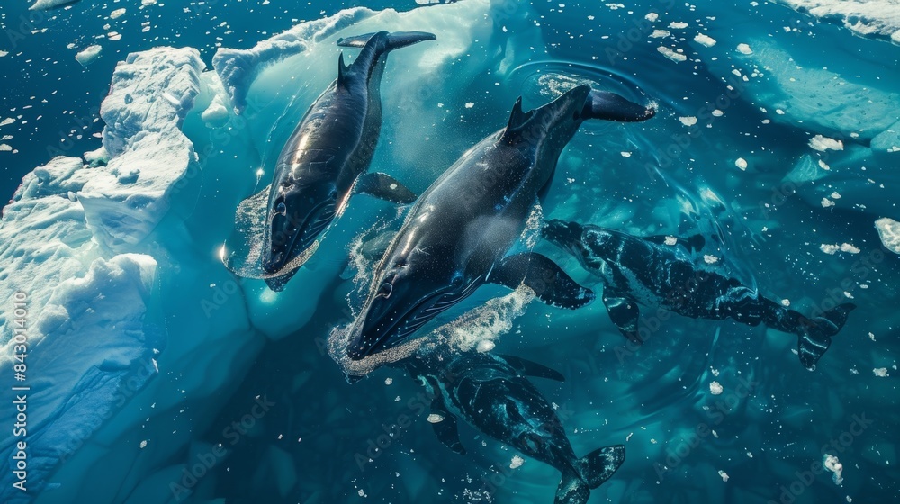 Obraz premium A pod of majestic whales swimming in the partially melted waters of a sea ice melt pond.