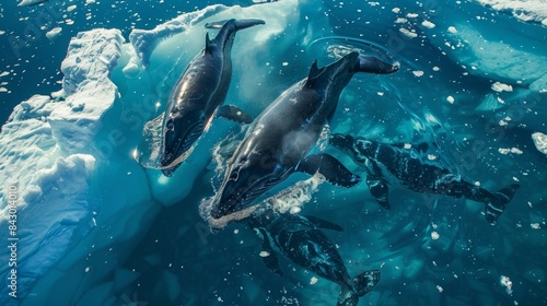 A pod of majestic whales swimming in the partially melted waters of a sea ice melt pond. photo