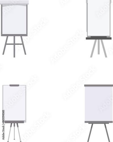 Collection of four empty flip chart easels isolated on a white background, ready for presentations