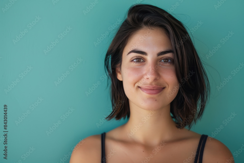 A close up portrait of a young woman with a subtle smile A close up portrait of a young woman with a subtle smile