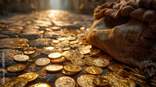 A bag full of gold coins is on a stone floor