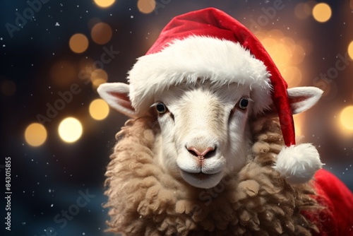 a sheep wearing Santa hat winter holidays card poster photo