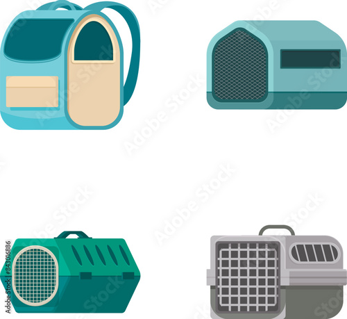 Vector illustration set depicting four different styles of pet carriers and travel crates