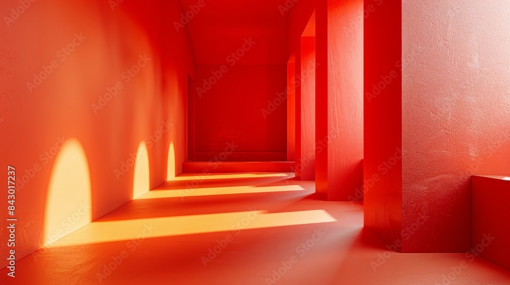 A red hallway with a light shining on the floor A red hallway with a light shining on the floor