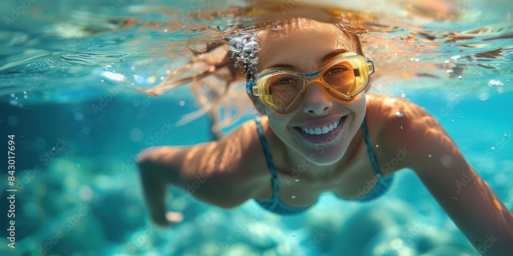 Naklejka premium Woman Swimming Underwater in Pool