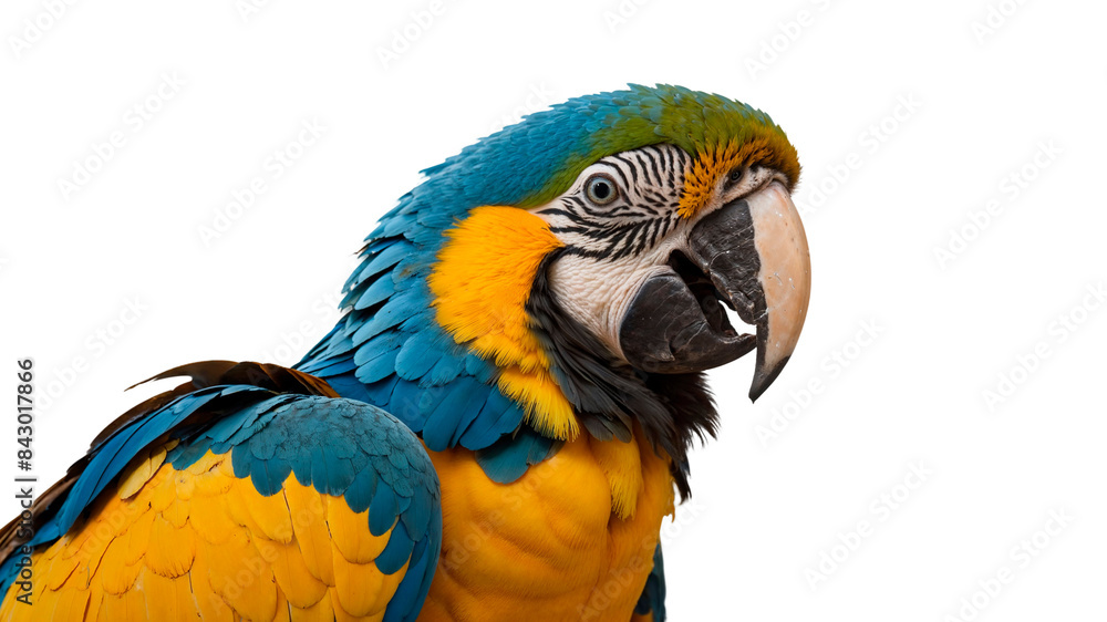 A Macaw parrot with blue and yellow colors is standing on a transparent background A Macaw parrot with blue and yellow colors is standing on a transparent background