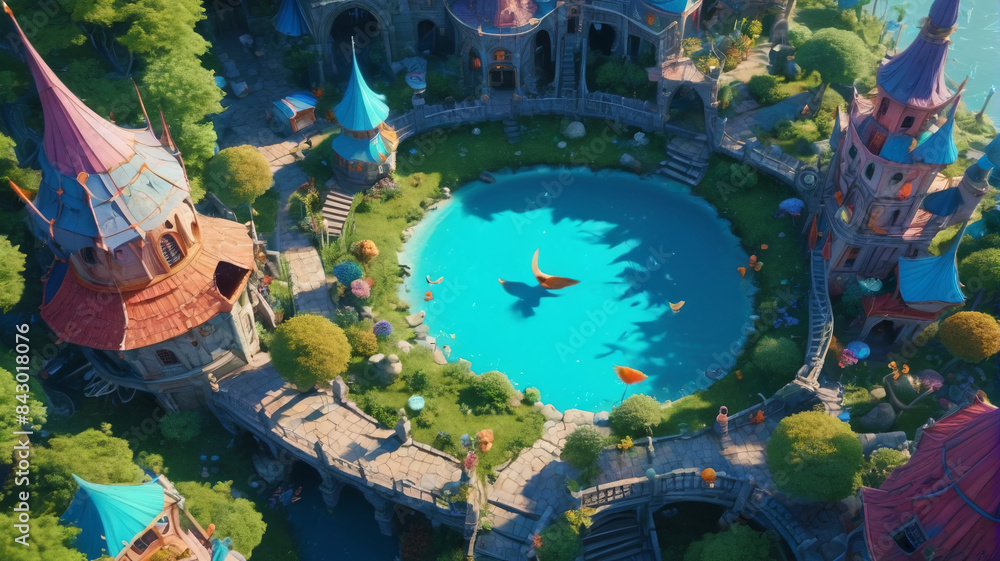 Fototapeta premium Mystical Aerial Realm: Breathtaking Panorama of Fantasy Terrain, Ethereal Beauty, Generative AI