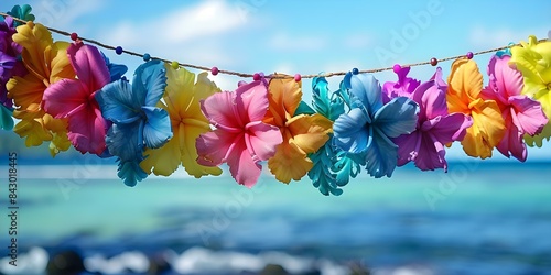 Celebrating Lei Day with Colorful Hawaiian Lei Garlands by the Coast. Concept Lei Day, Hawaiian Culture, Colorful Garlands, Coastal Photoshoot, Tropical Celebration photo