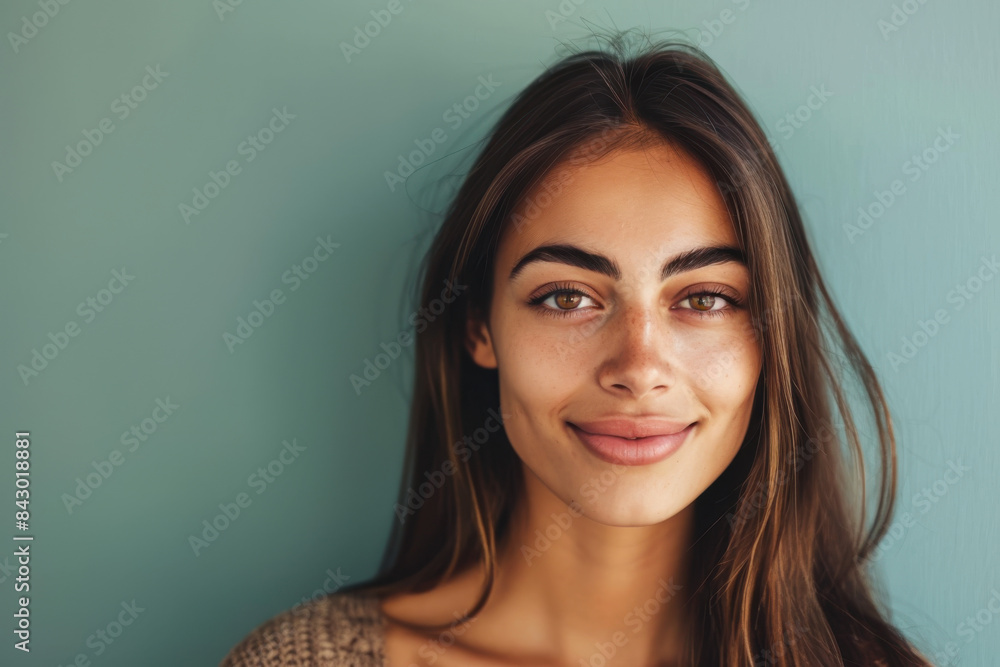 A close up portrait of a young woman with a subtle smile A close up portrait of a young woman with a subtle smile