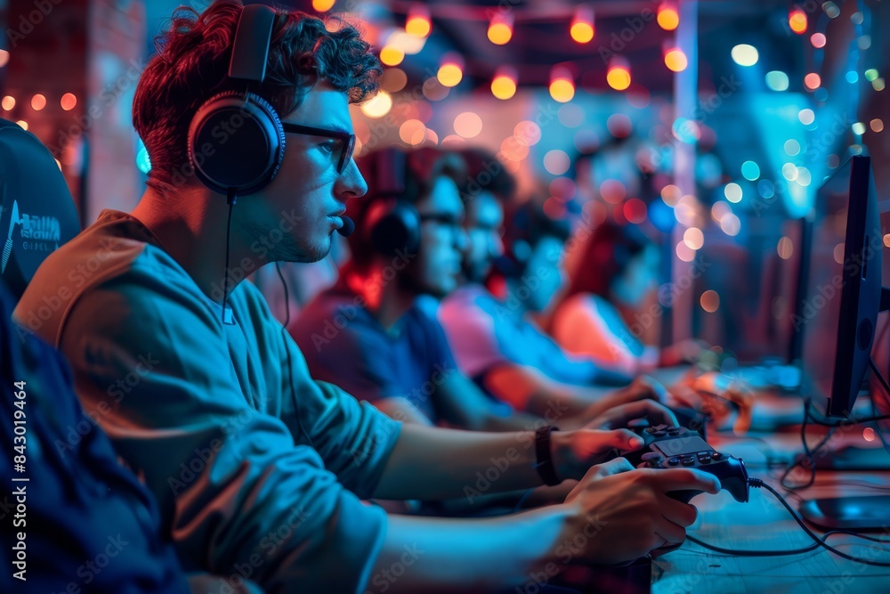 a group of people playing video games a group of people playing video games