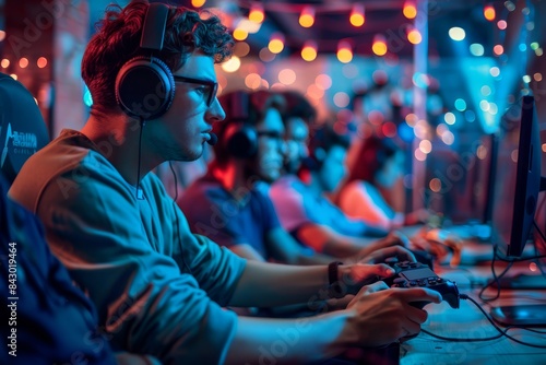 a group of people playing video games photo