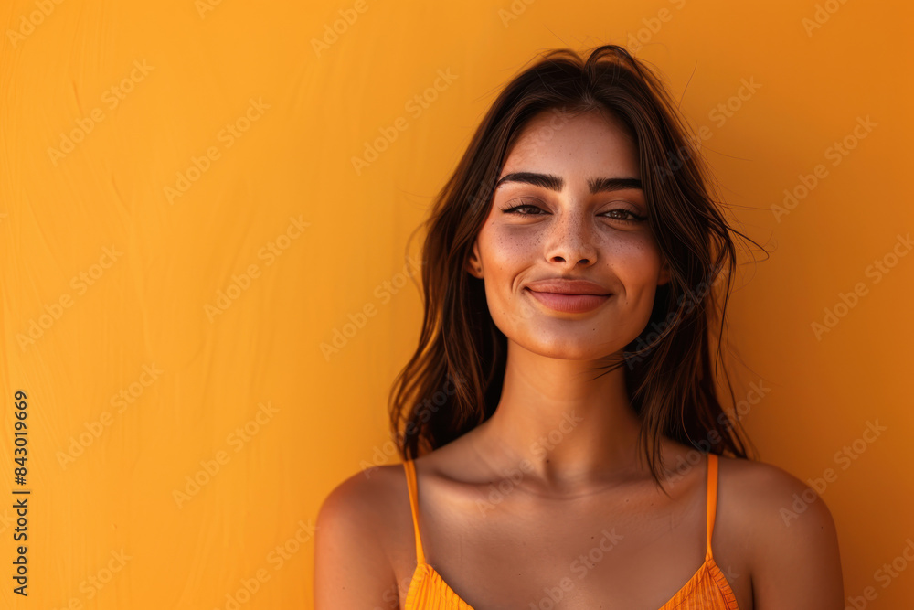 A close up portrait of a young woman with a subtle smile A close up portrait of a young woman with a subtle smile