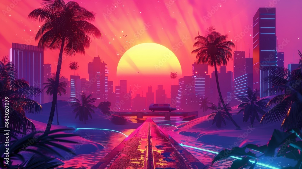 Fototapeta premium a futuristic city with palm trees and a sunset