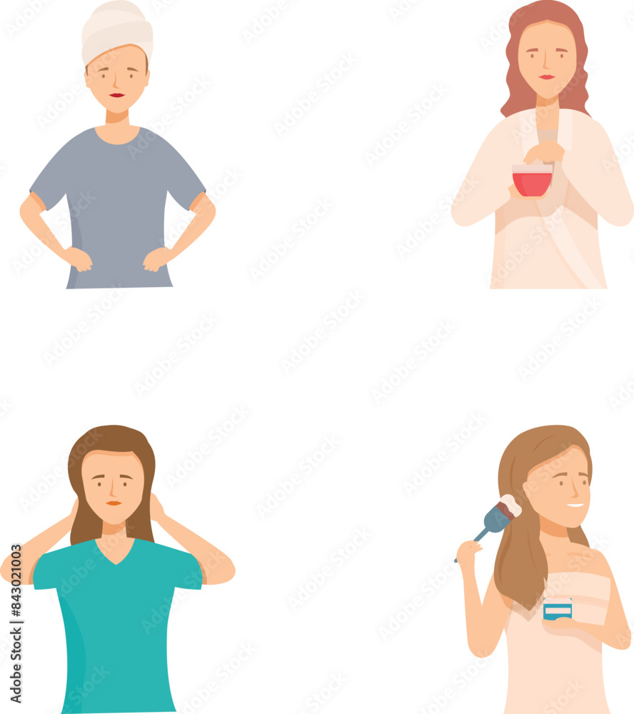Four illustrations of characters displaying different symptoms like headache and cold Four illustrations of characters displaying different symptoms like headache and cold