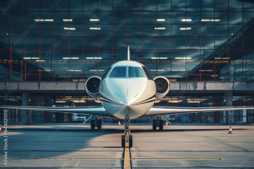 Fototapeta premium Business private jet parked at the airport terminal facing the camera. Luxury transportation 