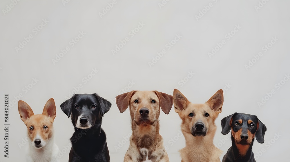 Five dogs sitting in a row against white background. Studio pet ...