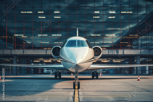 Business private jet parked at the airport terminal facing the camera. Luxury transportation
 photo