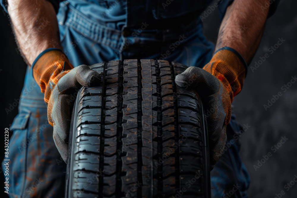 Car tire service and hands of mechanic holding new tire on dark background with space for text or inscriptions, vulcanization advertising
Car tire service and hands of mechanic holding new tire on dark background with space for text or inscriptions, vulcanization advertising