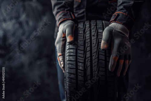 Car tire service and hands of mechanic holding new tire on dark background with space for text or inscriptions, vulcanization advertising 
