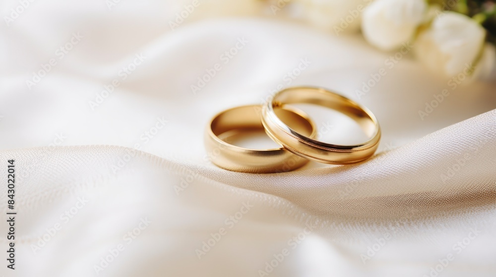 Wedding rings on white satin background, close-up Wedding rings on white satin background, close-up
