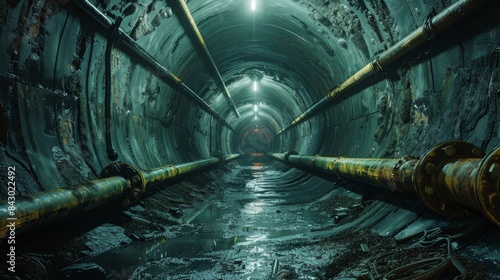 A long tunnel with pipes and a wet floor