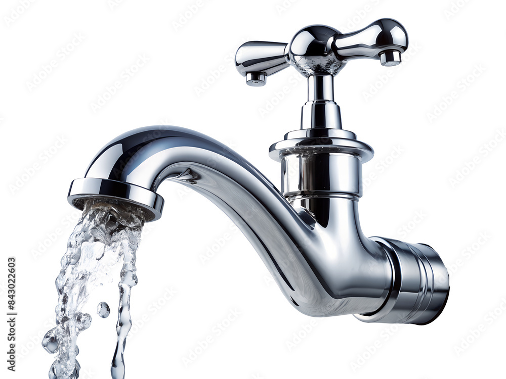Shiny chrome faucet with running water png isolated on transparent background Shiny chrome faucet with running water png isolated on transparent background