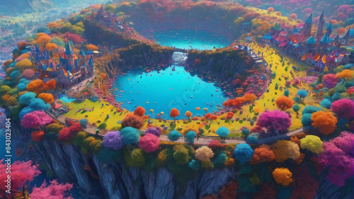 Colorful Spectacle: Bird's Eye View of Colorful and Wonderful Fantasy World, Mystical Magnificence, Generative AI photo