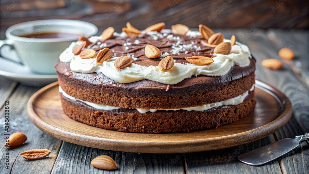 Delicious almond-topped cake on a wooden plate. Delicious almond-topped cake on a wooden plate.
