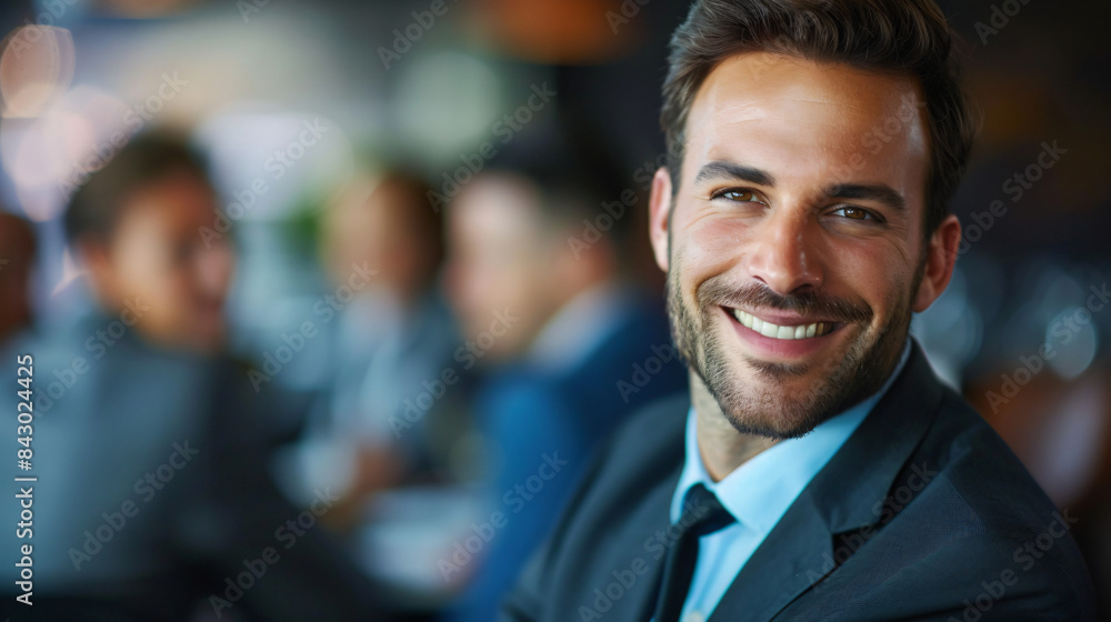 Close-up of a cheerful young businessman with a blurred team in the background