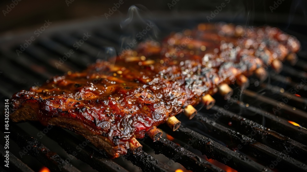 Mouth-watering barbecue ribs with a glossy sauce cooking on a grill, smoke rising from the juicy meat Mouth-watering barbecue ribs with a glossy sauce cooking on a grill, smoke rising from the juicy meat